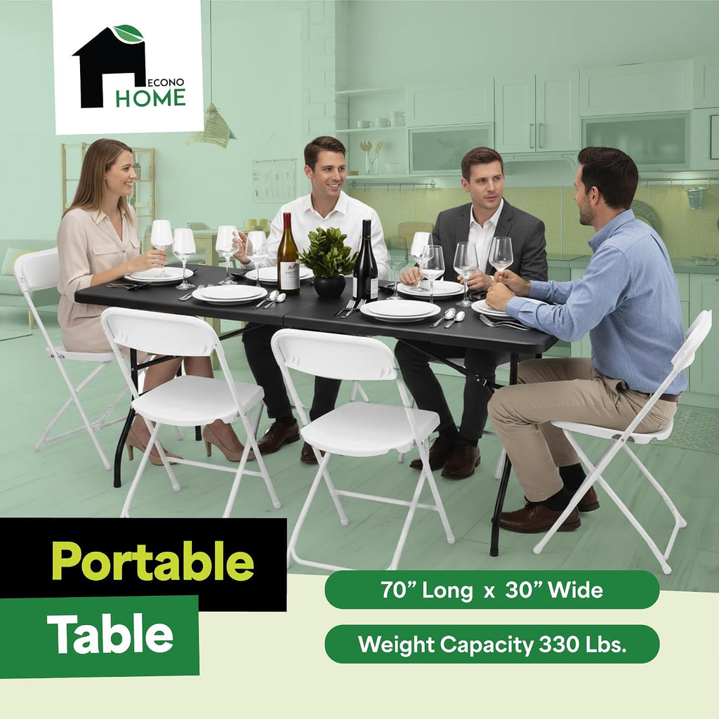 EconoHome Black 6ft Folding Table with Handle | Heavy-Duty Foldable Table | Portable Table for Indoor & Outdoor Use | Perfect for Events, Camping, Parties, Dining & More