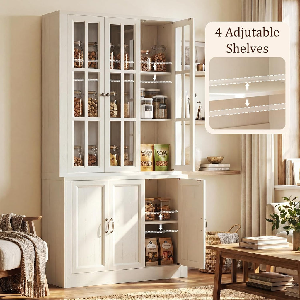 80" Modular Kitchen Pantry Cabinet, 2-in-1 Freestanding Tall Pantry Cabinet with Glass Doors & Adjustable Shelves, Large Hutch Storage Cabinet for Kitchen & Living Room (2, White, 6 Doors)