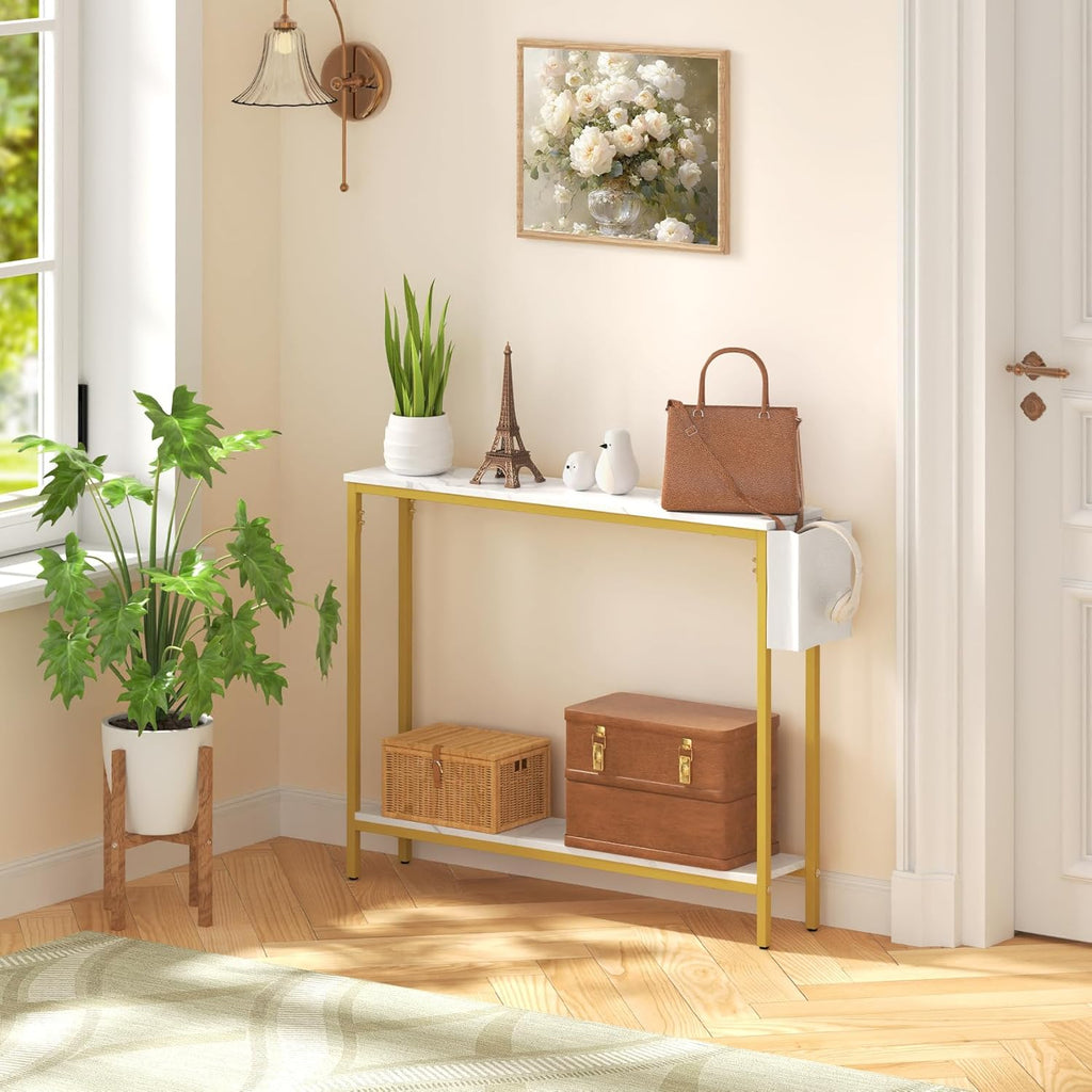 Bigbiglife 39.4" Console Entryway Table, 2-Tier Industrial Narrow Sofa Table with Storage Shelves for Hallway, Living Room, Bedroom, Foyer, Corridor, Office, Marble White and Gold