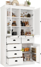72" H Kitchen Pantry with Glass Doors, Wooden Freestanding Display Storage Cabinet with 5 Drawers and Serving Trays, Large Cupboard with Adjustable Shelves for Kitchen, Dining Room, White