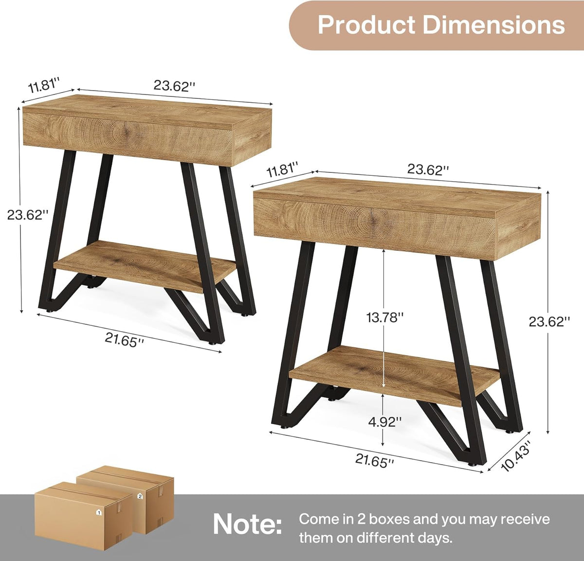 Tribesigns Metal End Side Table for Living Room, 2-Tier Narrow Couch Side Table with Storage Shelves, Small Bedside Nightstand for Bedroom, Small Spaces, Natural(Set of 2)
