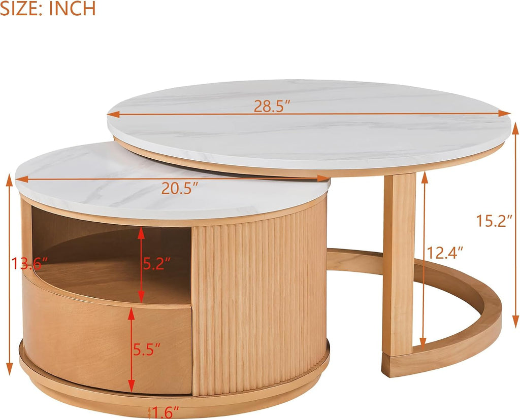 28" Marble Veneer MDF Nesting End Table, Nesting End Tables with Tiered Storage, Coffee Table Set with Hidden Drawer for Modern Compact interiors, Natural
