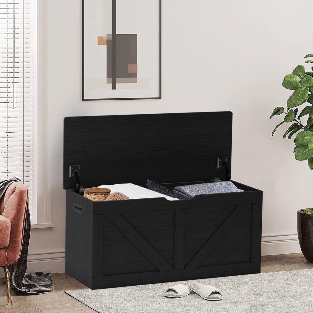 Timberer 39.4" Storage Chest, Wooden Storage Bench, Large Storage Trunk | Entryway Shoes Bench with 2 Safety Hinges, for Living Room, Bedroom, Black