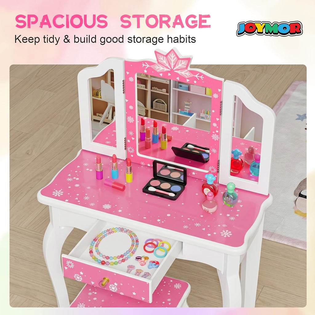 JOYMOR Kids Vanity Set, Wooden Princess Makeup Table with Stool, Tri-Folding Mirror, Large Drawer, Solid Wooden Legs, Beauty Make Up Dressing Set for Girls Best Gift (Pink)