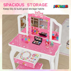 JOYMOR Kids Vanity Set, Wooden Princess Makeup Table with Stool, Tri-Folding Mirror, Large Drawer, Solid Wooden Legs, Beauty Make Up Dressing Set for Girls Best Gift (Pink)