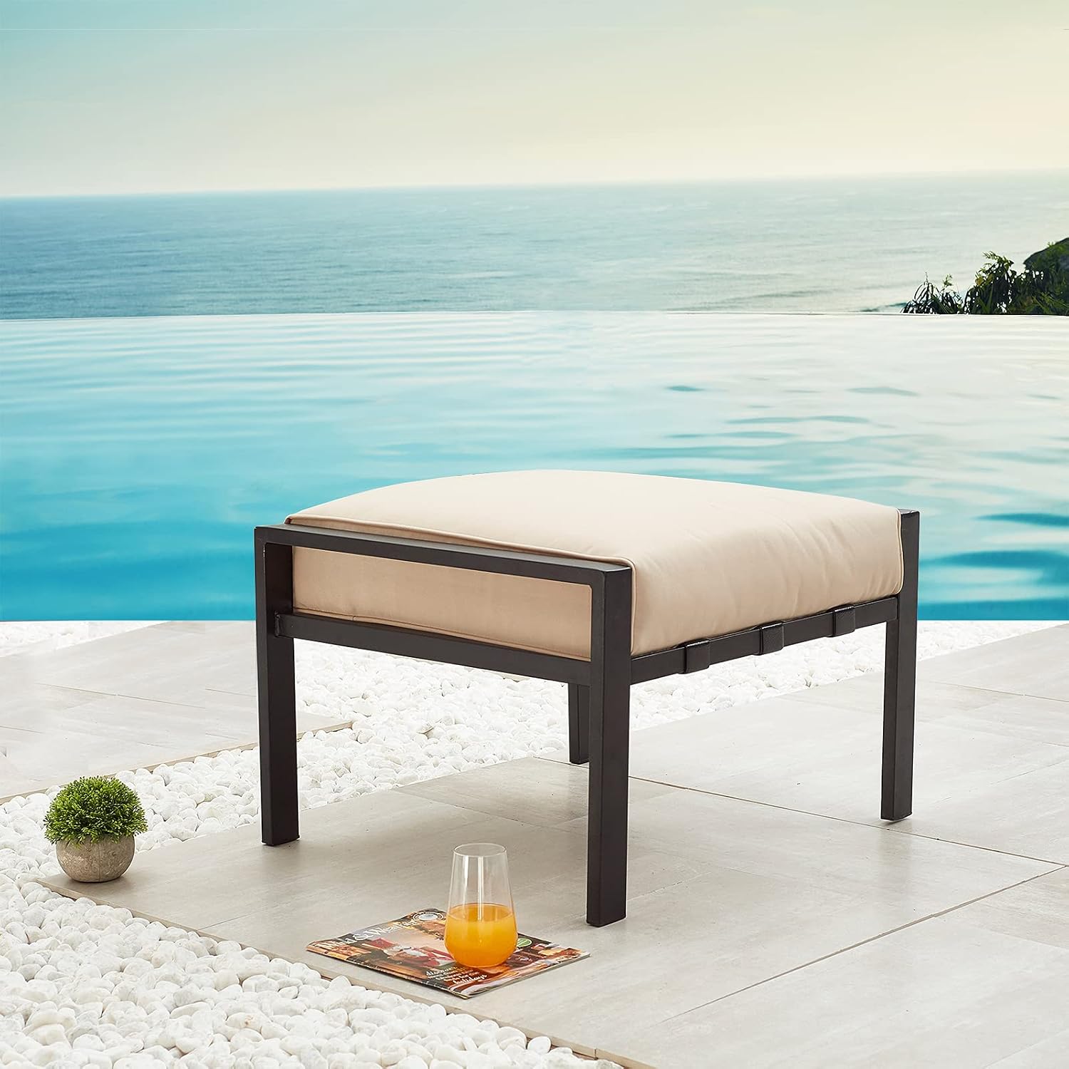 Festival Depot Outdoor Ottoman Patio Footstool with Cushion Small Seat Metal Furniture for Garden Yard Deck, Beige