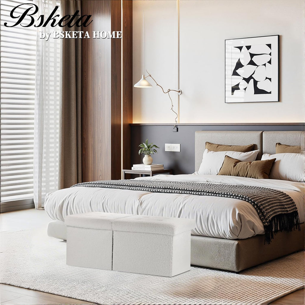 Bsketa Storage Ottoman Bench, 34" Folding Velvet Foot Rest Stool, White | Large Ottoman with Storage, Thicker Foam Padded Seat, Livingroom, Dorm, Bedroom, Easy to install, 86L,34 x 13 x 13in