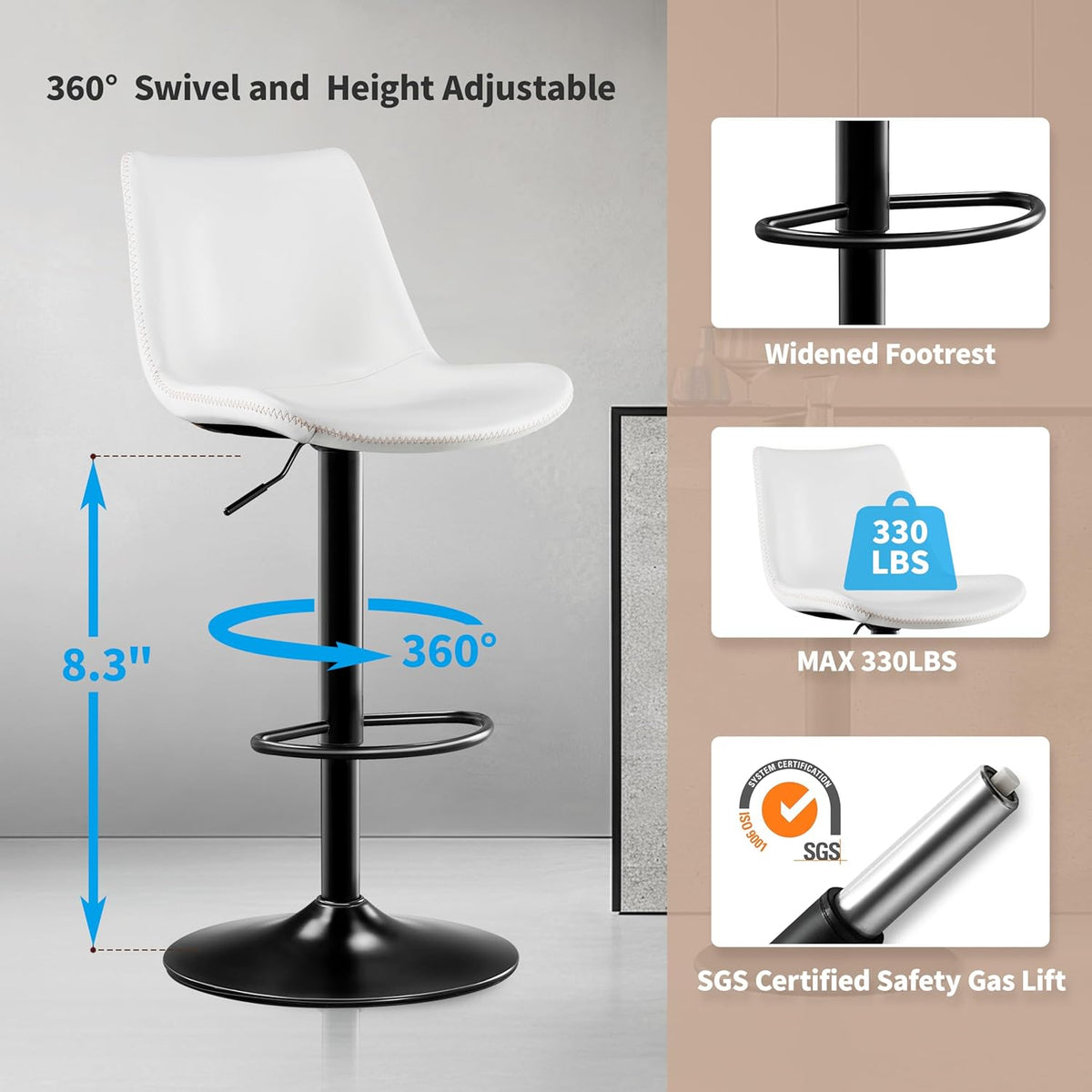 STOOLINK Adjustable Bar Stools Set of 2, Faux Leather Bar Stools with Back | Swivel Bar Chairs with 7.3" Footrest, Counter Height Bar Stools for Kitchen Island, Bistro, 17.5" Wide Seat, White