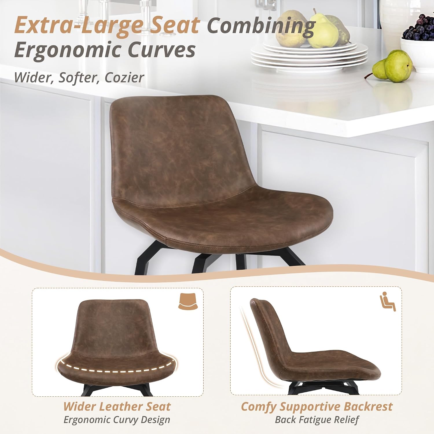 LUE BONA 360° Swivel Bar Stools Set of 3, 26 Inch Counter Height Bar Stools, Modern Faux Leather Stools with Enlarged Seats, Metal Legs for Kitchen Island, Dining, Vintage Brown