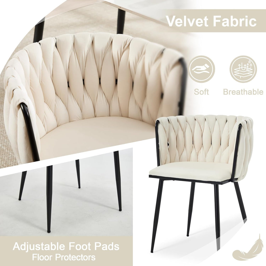 Velvet Dining Chairs Set of 4 with Black Metal Legs,White | Modern Accent Chairs with Upholstered, Woven Backrest, for Living Room, Dining Room, Kitchen,Easy and Quick Assembly