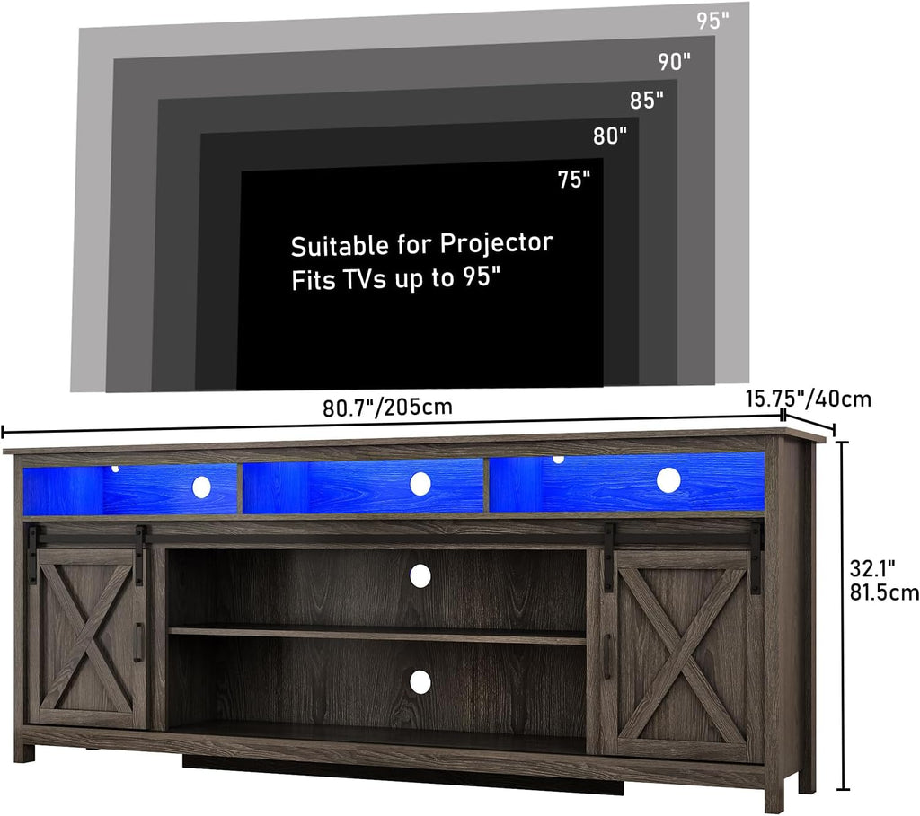 80" LED Farmhouse TV Stand for 90/85/80 Inch TVs,Tall Entertainment Center Storage Cabinets w/Power Outlets and Sliding Barn Door,Rustic TV Stands for Living Room,Media Console Cabinet (Charcoal)