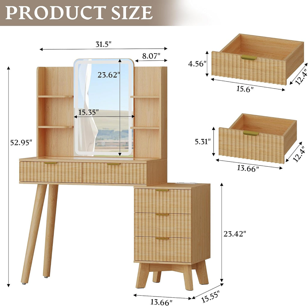 Vanity Desk With HD Lighted Mirror and Lights, Fluted Small Makeup Vanity with Storage Drawers & Shelves, Modern Dressing Table Set with Power Outlet & Glass Table Top for Women Girls Bedroom, Oak