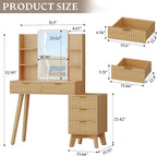 Vanity Desk With HD Lighted Mirror and Lights, Fluted Small Makeup Vanity with Storage Drawers & Shelves, Modern Dressing Table Set with Power Outlet & Glass Table Top for Women Girls Bedroom, Oak