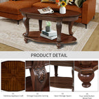 Wood Coffee Table Set for Living Room Round End Tables Set of 2, Antique Coffe Table Legs with Elegant Carvings, Cherry