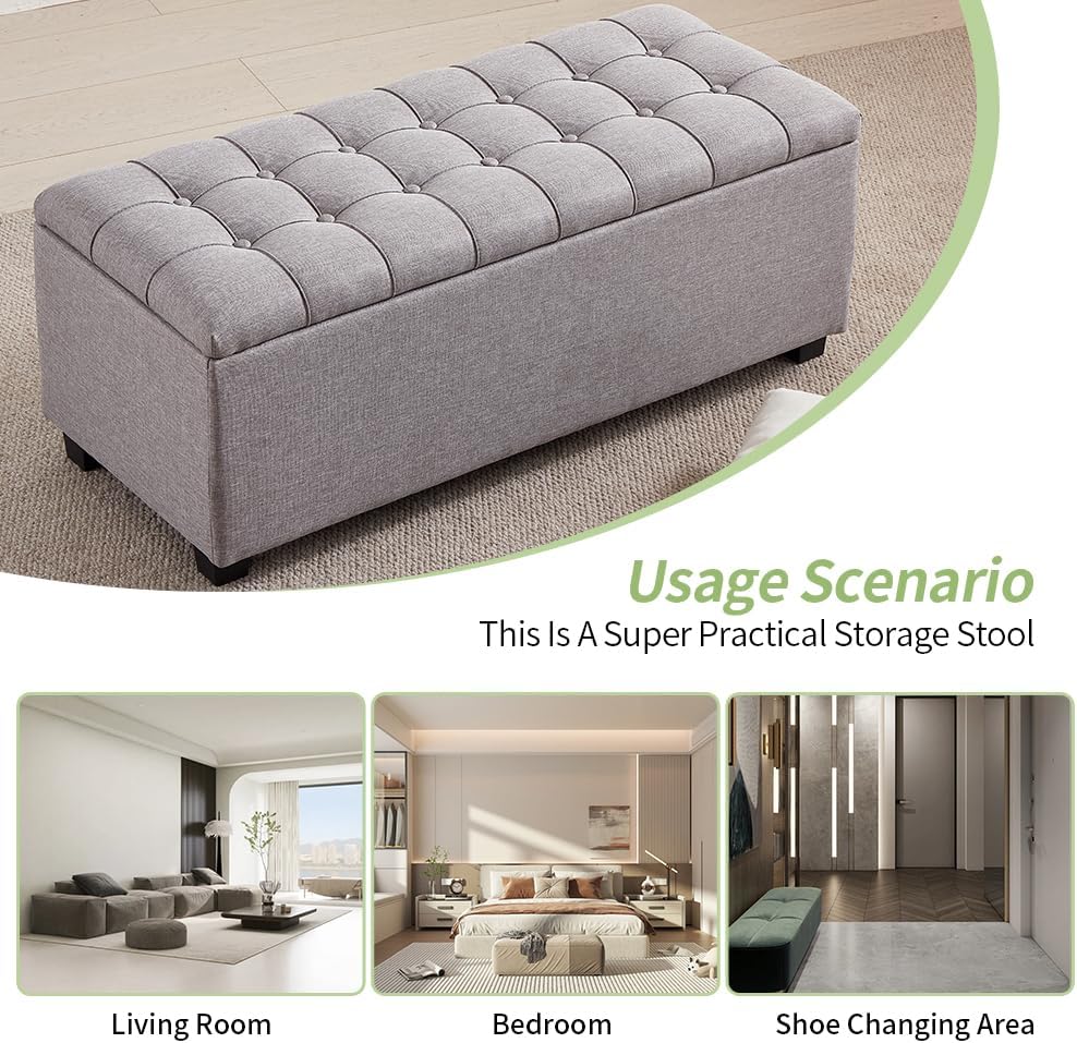 38-inch Grey Fabric Storage Ottoman Bench with Hinged Lid - Long End of Bed Bench for Bedroom, Living Room & Entryway, Footrest Seat Trunk