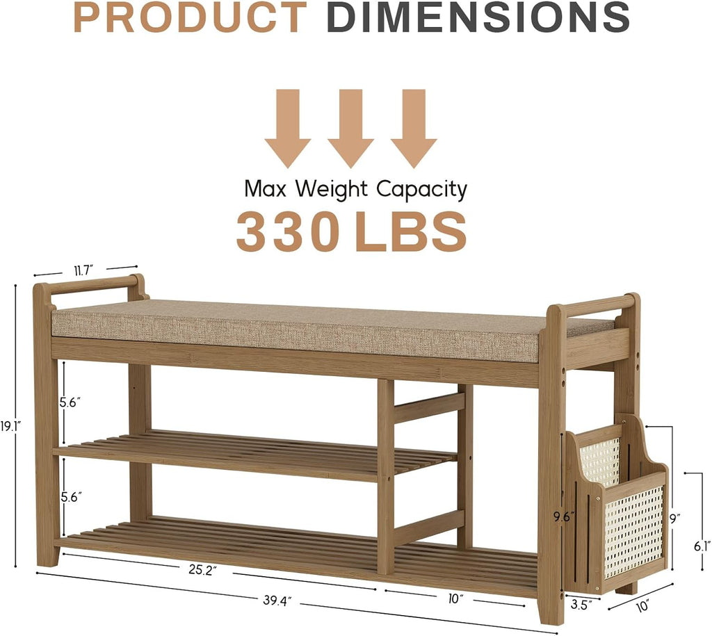 Homaxy 2-Tier Shoe Rack Bench with Side Holder, 39.4 in Bamboo Entryway Bench, Shoe Rack Organizer with Cushion for Front Entrance, Hallway Living Room Bedroom, Walnut and Light Brown