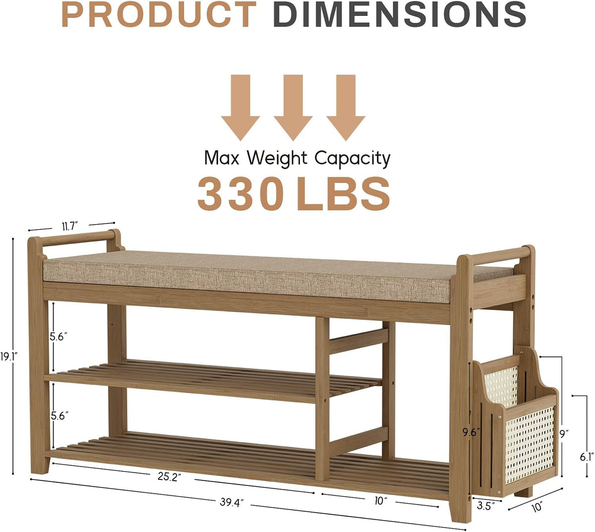 Homaxy 2-Tier Shoe Rack Bench with Side Holder, 39.4 in Bamboo Entryway Bench, Shoe Rack Organizer with Cushion for Front Entrance, Hallway Living Room Bedroom, Walnut and Light Brown
