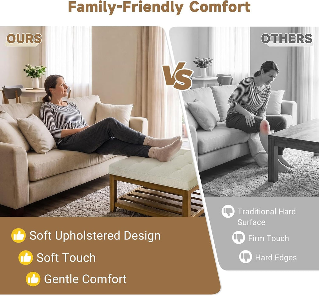 Befurtori Large Square Ottoman Coffee Table, Linen Solid Upholstered Footrest Ottoman with Solid Wood Shelf Storage Tufted Coffee Table for Bedroom Living Room, Ivory