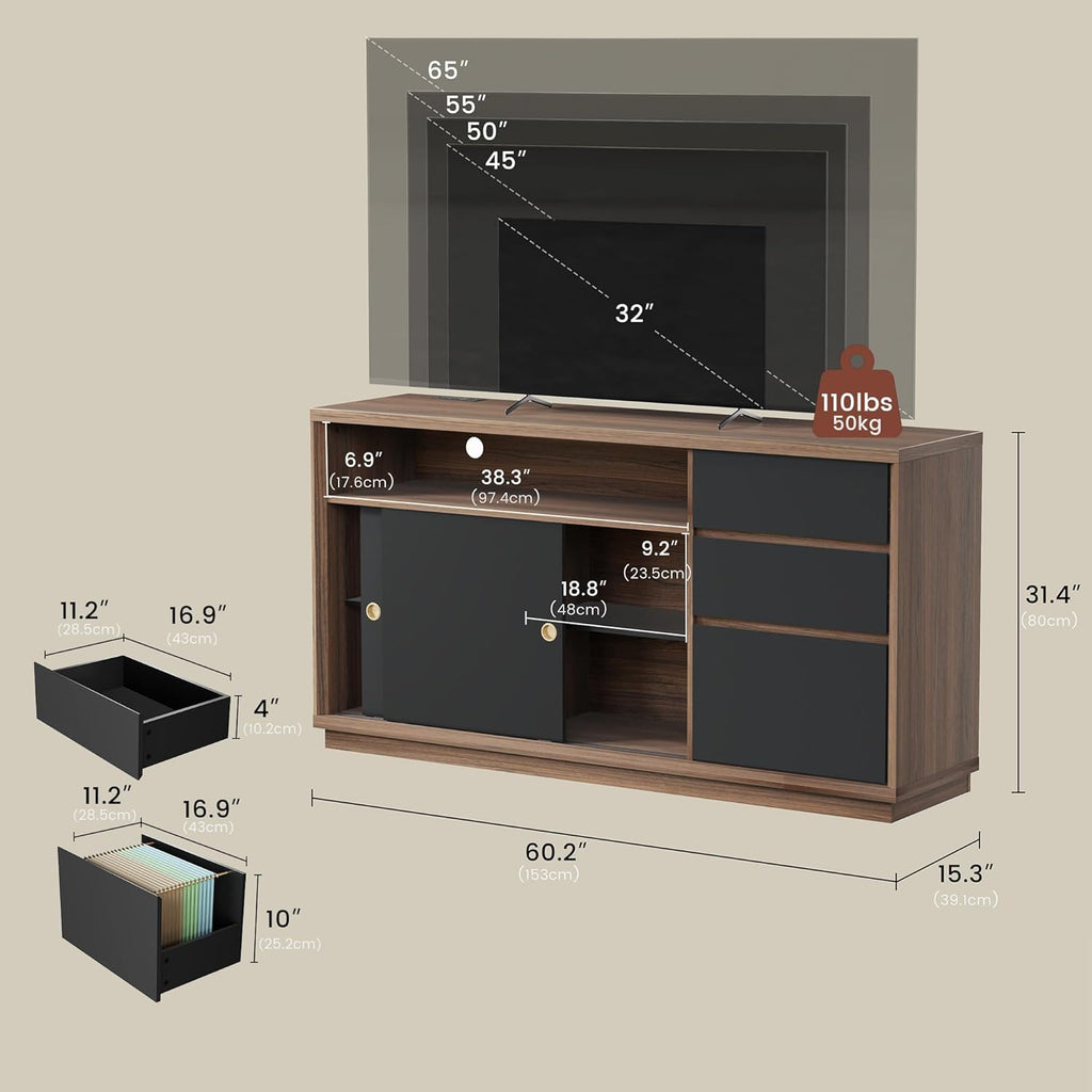 ModernMate 60" File Cabinet with 3 Drawer, Large Storage Sideboard, Filing Cabinet with Built-in Outlet and Adjustable Shelf for Living Room Study Home Office, 15.4" D x 60.2" W x 31.5" H