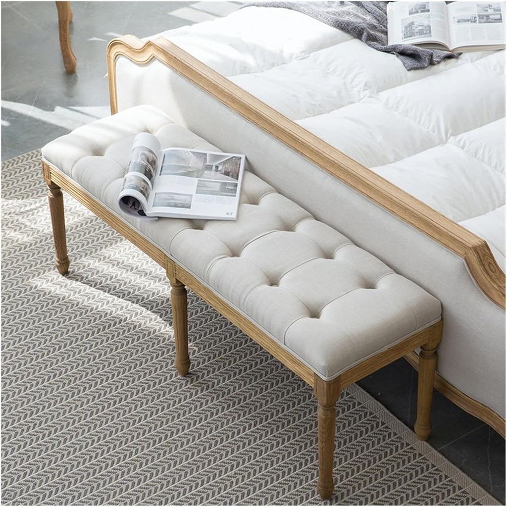 Modern French Vintage Bench with Padded Seat and Rubberwood Legs, Memory Foam Upholstered Entryway and Dining, Tufted Fabric End of Bed for Bedroom Living Room Hallway Entryway