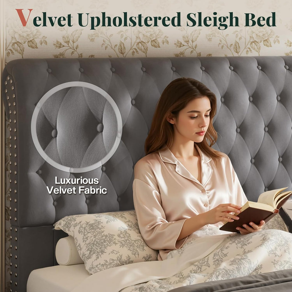 Jocisland Queen Bed Frame 52.8" Sleigh Headboard,Velvet Upholstered, Gray