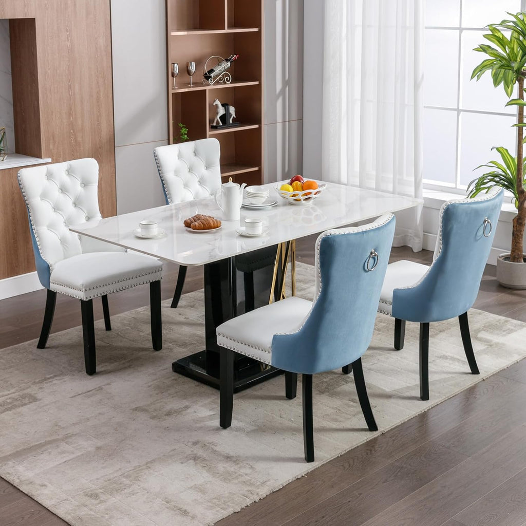 Modern Dining Chairs Set of 6, Tufted Upholstered Dining Room Chairs with Nailhead, PU Leather Front & Velvet Back, Solid Wood Legs, Kitchen Chairs, Sillas de Comedor (White & Light Blue)