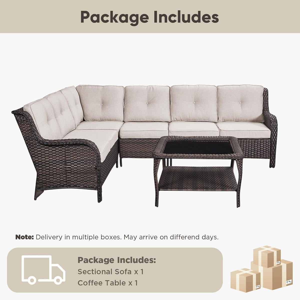 Belord Patio Furniture Set 6 Seats, Oversized Outdoor Sectional Couch, Two 3-Seater Sofas with Coffee Table, Patio Conversation Sets,Ideal for Porch, Deck, Brown Wicker/Beige