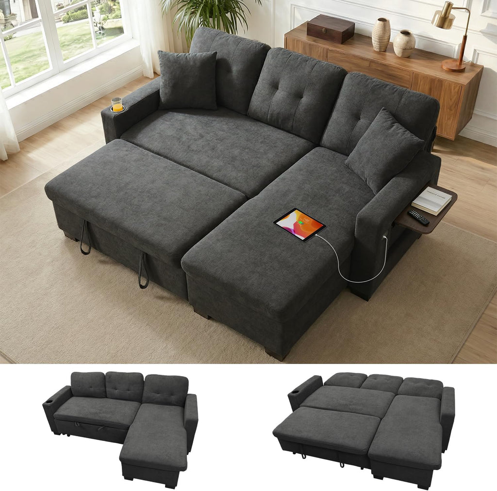 KCGKCG 82" L Shaped Sleeper Sofa Bed, Pull Out Couch Bed with Storage Chaise/Reclining Backrest, Sectional Couches for Living Room with USB Port, Foldable Table, Cup Holder, Side Pocket, Deep Grey