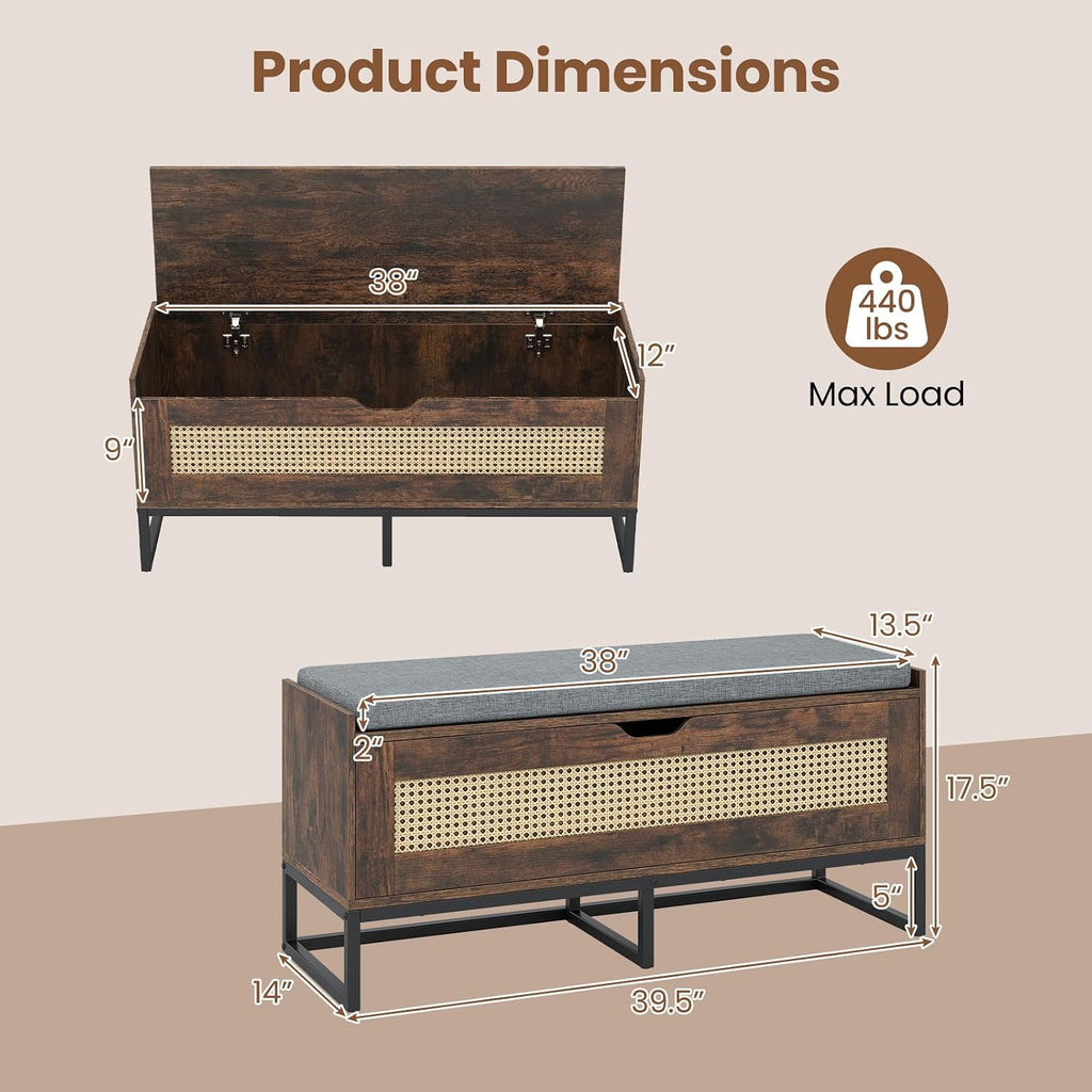 Giantex Rattan Shoe Bench, Flip-Top Entryway Bench with Removable Padded Seat & Hidden Storage, Wooden Shoe Storage Chest with Metal Legs for Bedroom, Hallway, 440 lbs Max Load (Rustic Brown & Black)