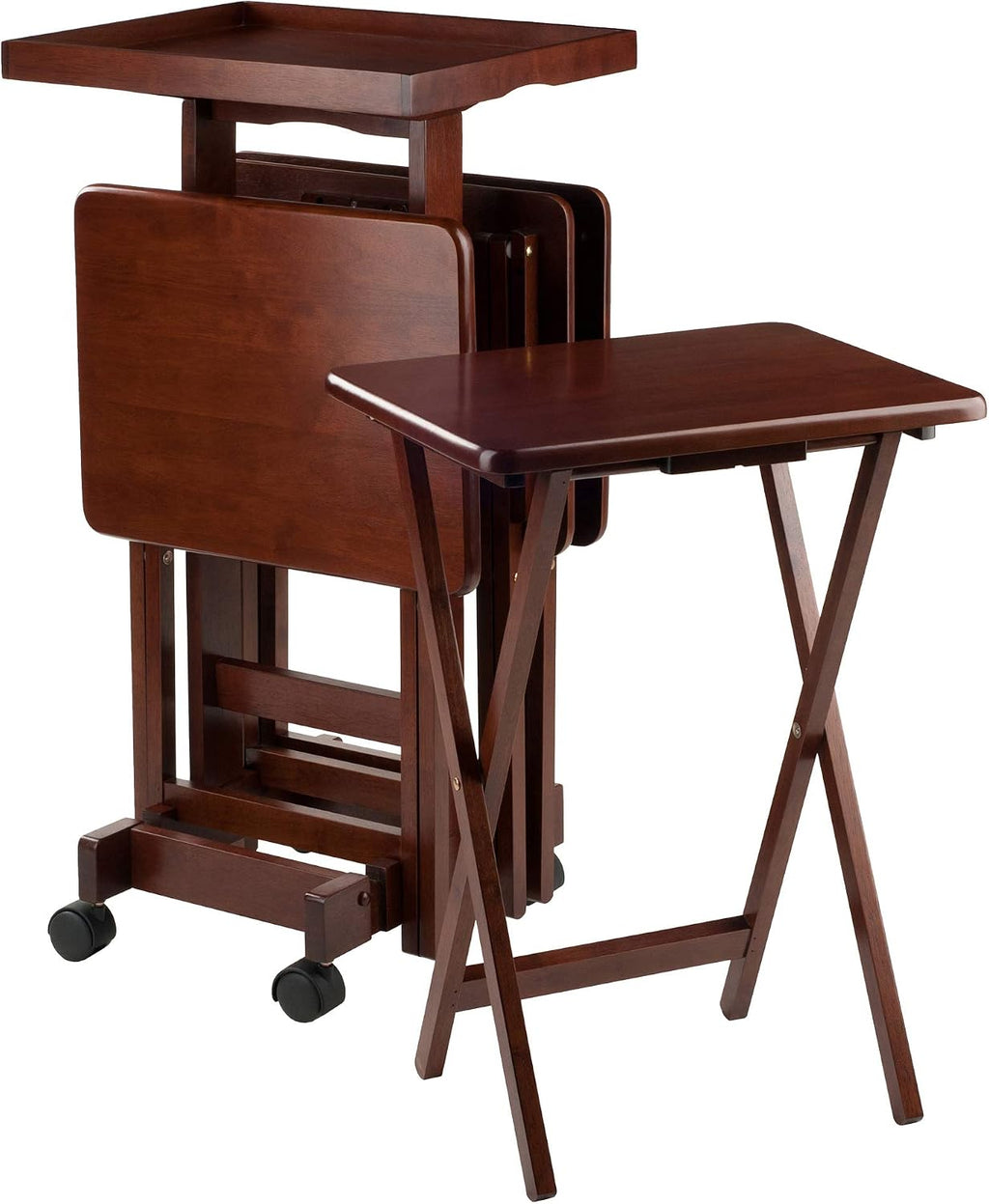 Winsome 6-Piece Snack Table, Walnut (94828) | Easy to Store Portable Fold Up Table Set for Kitchen, Living Room TV Dining, Crafts, Puzzles, Work From Home