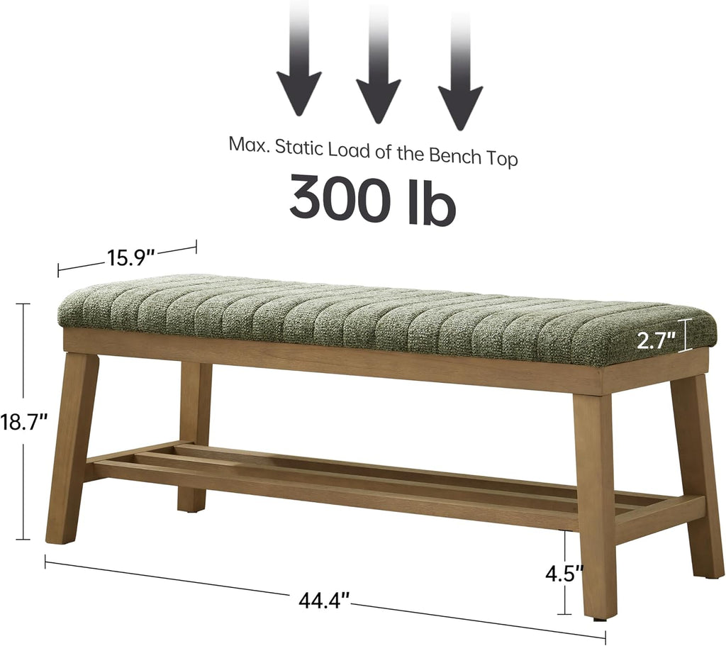 VKNOW Entryway Bench, Storage Shoe Bench with Rubberwood Legs, Green | Shoe Rack Bench with Cushion, Soft Chenille Fabric, Stripe Design, Bench With Shoe Storage for Hallway, Bedroom