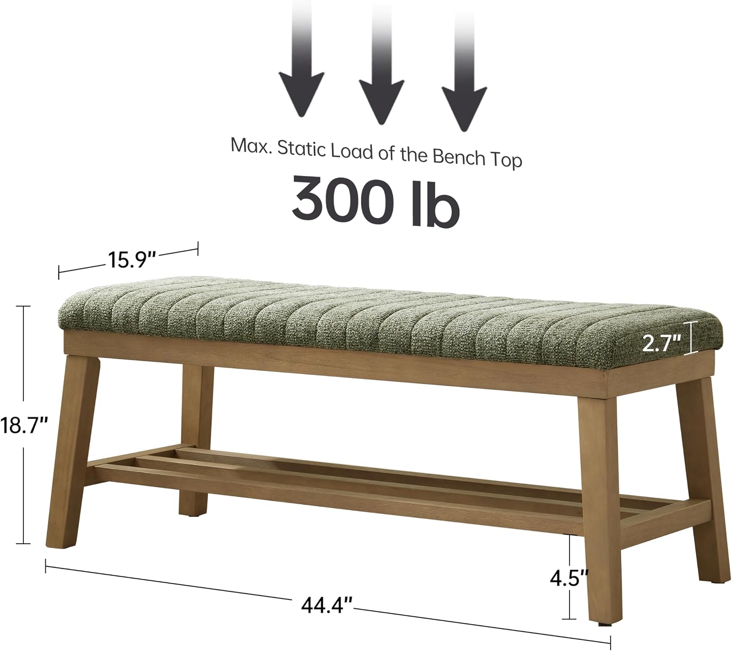 VKNOW Entryway Bench, Storage Shoe Bench with Rubberwood Legs, Green | Shoe Rack Bench with Cushion, Soft Chenille Fabric, Stripe Design, Bench With Shoe Storage for Hallway, Bedroom