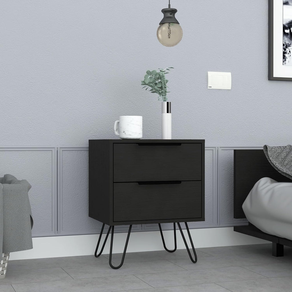 2 Nightstand, End Table, Side Table Four Legs, Two Drawers -Black,for Small Spaces