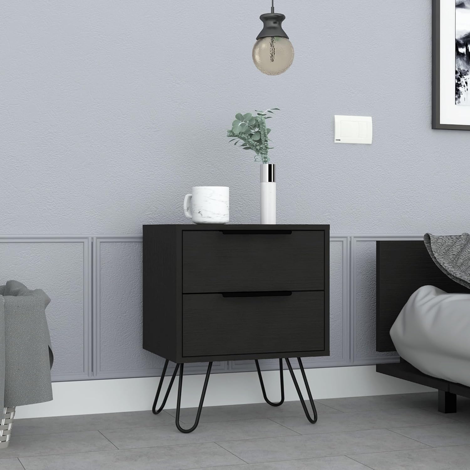2 Nightstand, End Table, Side Table Four Legs, Two Drawers -Black,for Small Spaces