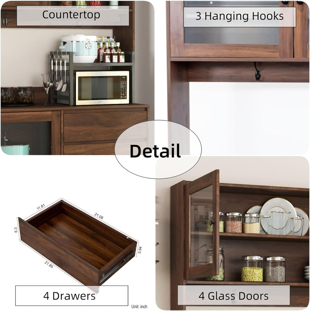 KEIKI 75" H x 63" W Kitchen Pantry Storage Cabinet with Countertop, Glass Doors, Drawers, Microwave Stand and Shelves, Tall Freestanding Wood Hutch Food Pantries Cupboard for Coffee Bar, Dining Room