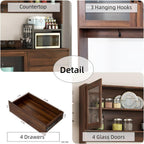 KEIKI 75" H x 63" W Kitchen Pantry Storage Cabinet with Countertop, Glass Doors, Drawers, Microwave Stand and Shelves, Tall Freestanding Wood Hutch Food Pantries Cupboard for Coffee Bar, Dining Room
