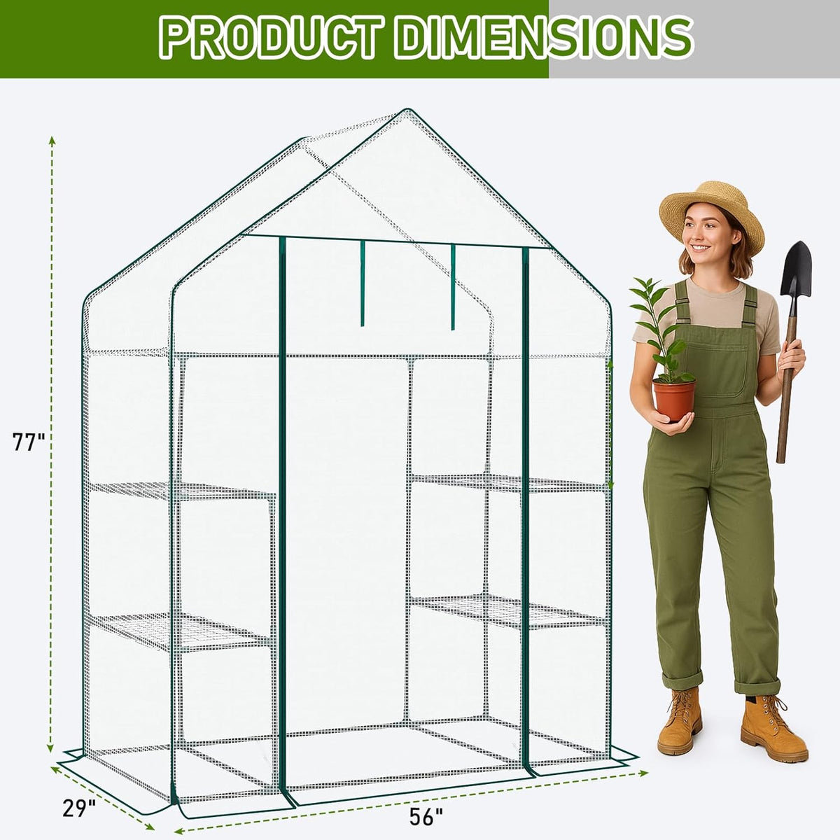 Outvita Walk-in Greenhouse, Outdoor Durable PE Plant Green House for Frost Protection with 3 Tiers 4 Shelves, Shelf Clips, Roll-up Zipper Door, 56"x29"x77" White