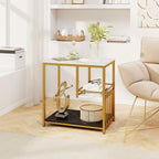 GOFLAME Faux Marble End Table, 3-Tier Sofa Side Table with Storage Shelves, Golden Polished Steel Frame, Black & White Faux Marble, Rectangular, Modern Nightstand for Living Room, Bedroom