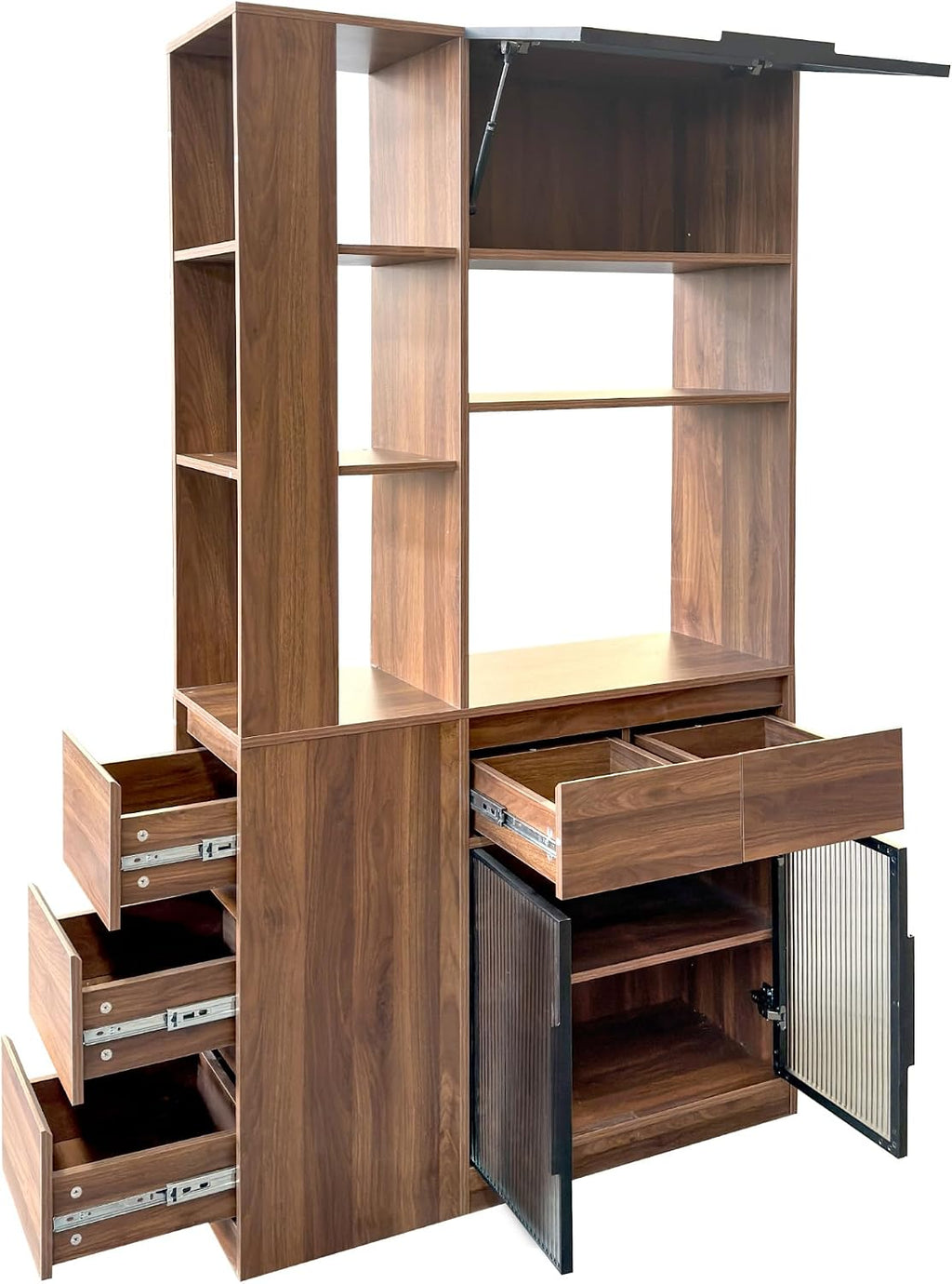 70.87" Tall Kitchen Pantry Cabinet with Multi-Tier Storage, Freestanding Food Hutch with 5 Drawers & 3 Glass Door and Microwave Stand, Coffee Bar Storage Cabinet Entrance Organizer, Walnut