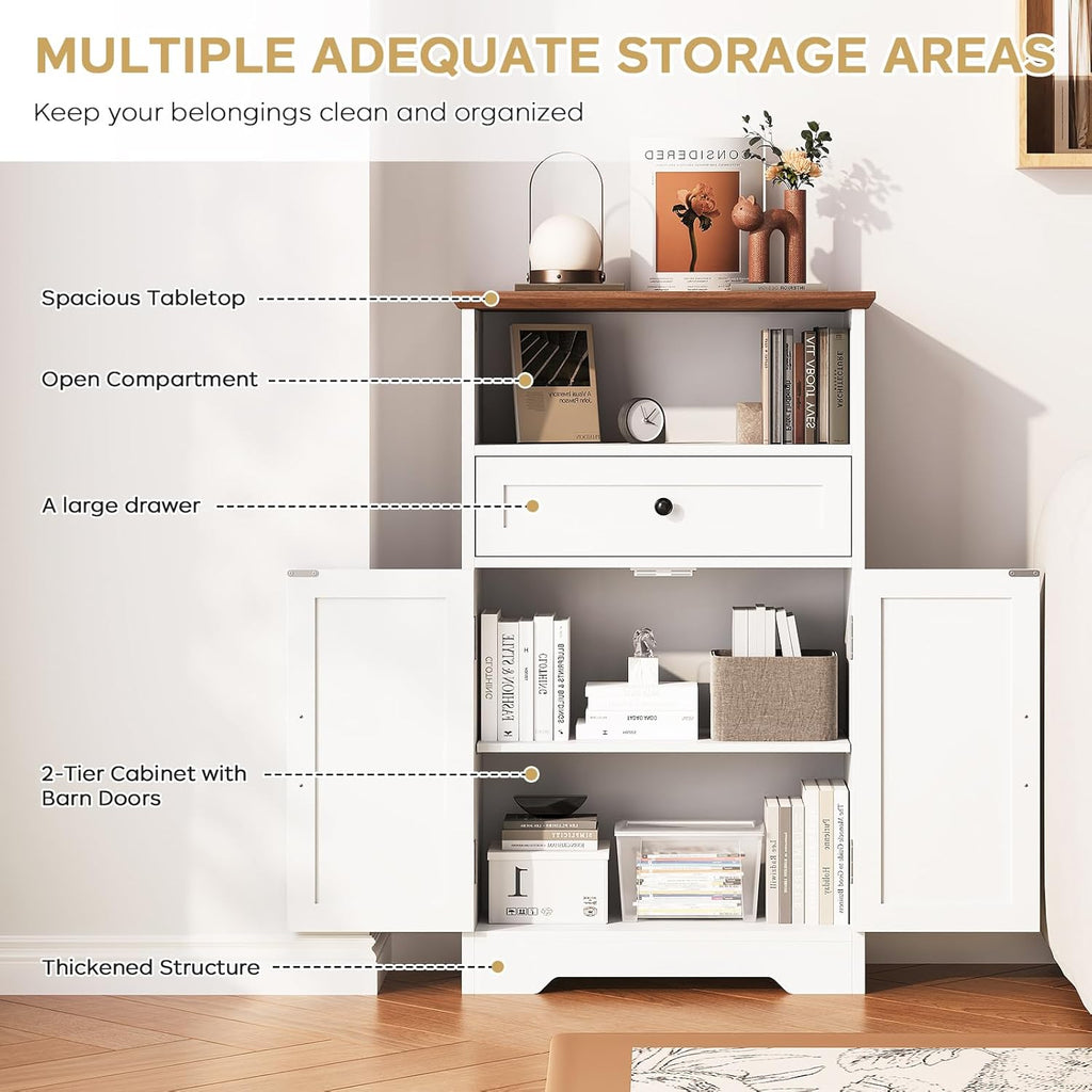 Floor Cabinet, Farmhouse Storage Cabinet with Barn Doors and Drawer, 11.81" D x 23.62" W x 39.37" H White Freestanding Adjustable Shelf Organizer for Bathroom, Kitchen, Living Room