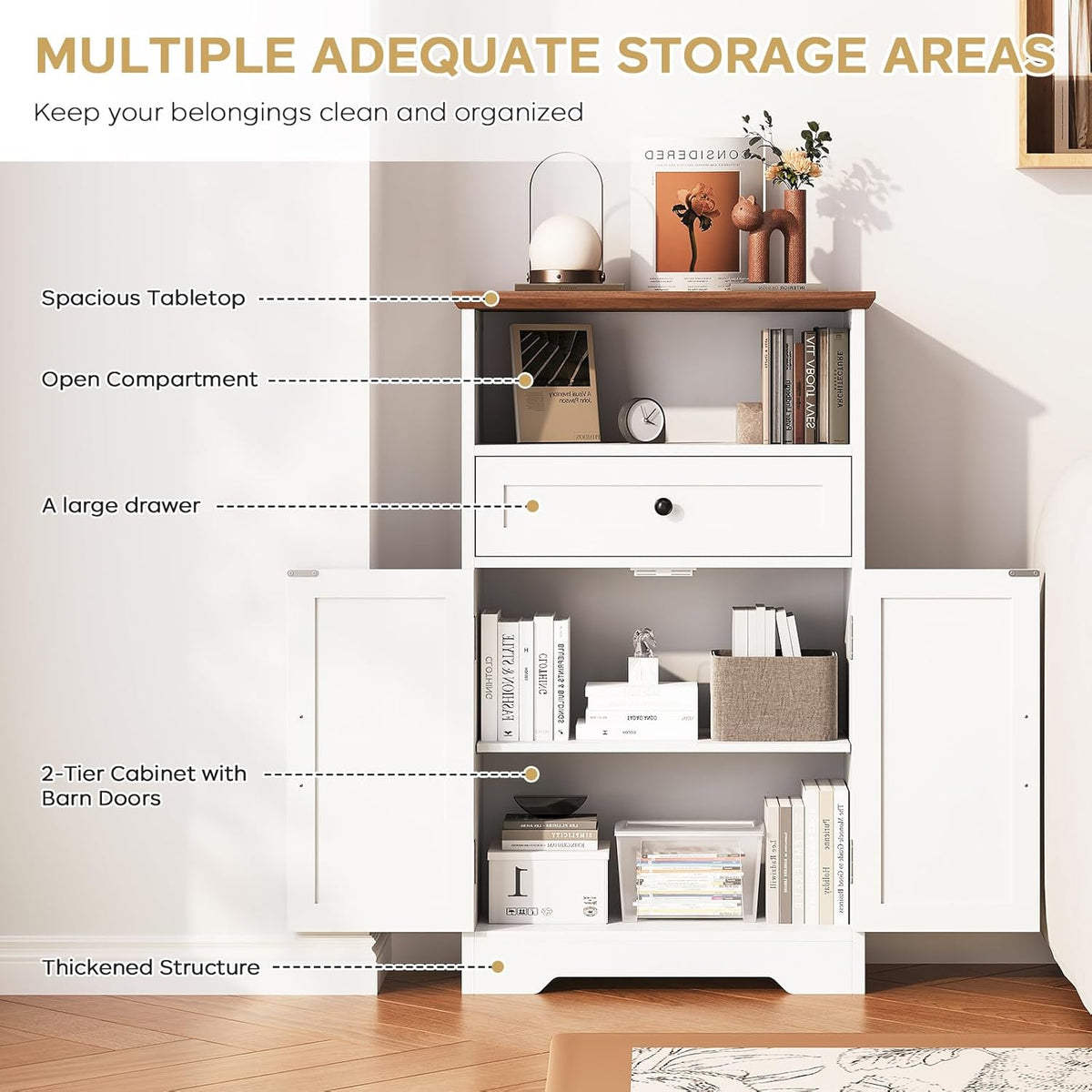 Floor Cabinet, Farmhouse Storage Cabinet with Barn Doors and Drawer, 11.81" D x 23.62" W x 39.37" H White Freestanding Adjustable Shelf Organizer for Bathroom, Kitchen, Living Room