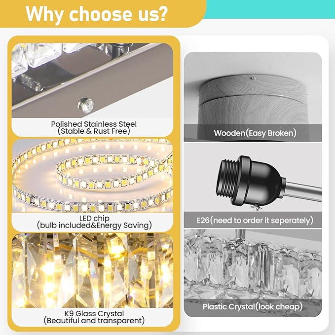 FRIXCHUR 10.6" Modern Crystal Chandeliers Square Crystal Ceiling Light LED Chandelier with Remote Control Mini Bedroom Flush Mount Ceiling Lights Fixture for Kitchen Hallway Dining Room (Dimmable)