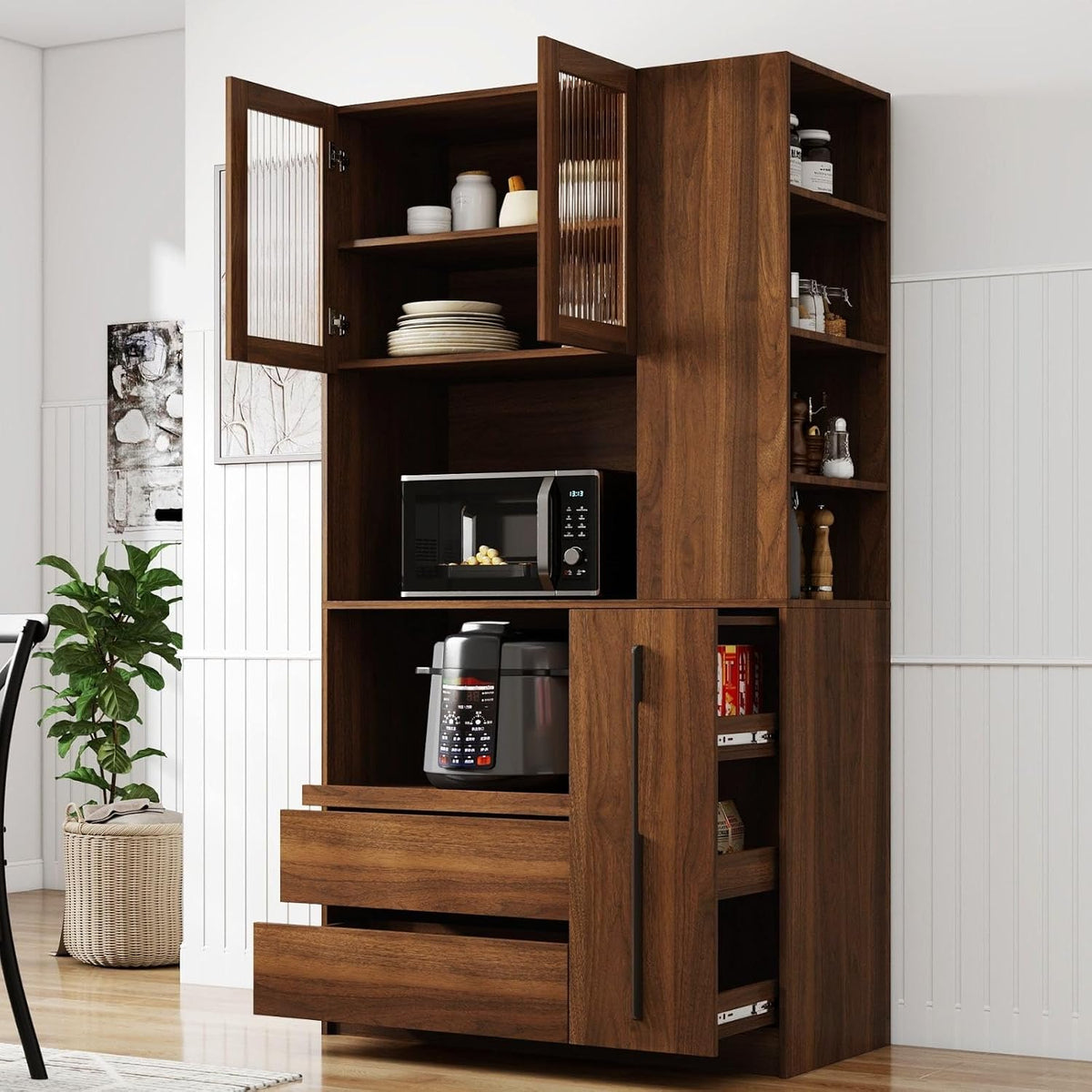 70.87" Kitchen Pantry Cabinet with Microwave Stand, Multi-Tier Pull-Out Storage Shelf, 4-Tier Side Shelf & Glass Door, Freestanding Food Hutch Buffet Sideboard for Dining Room, Walnut