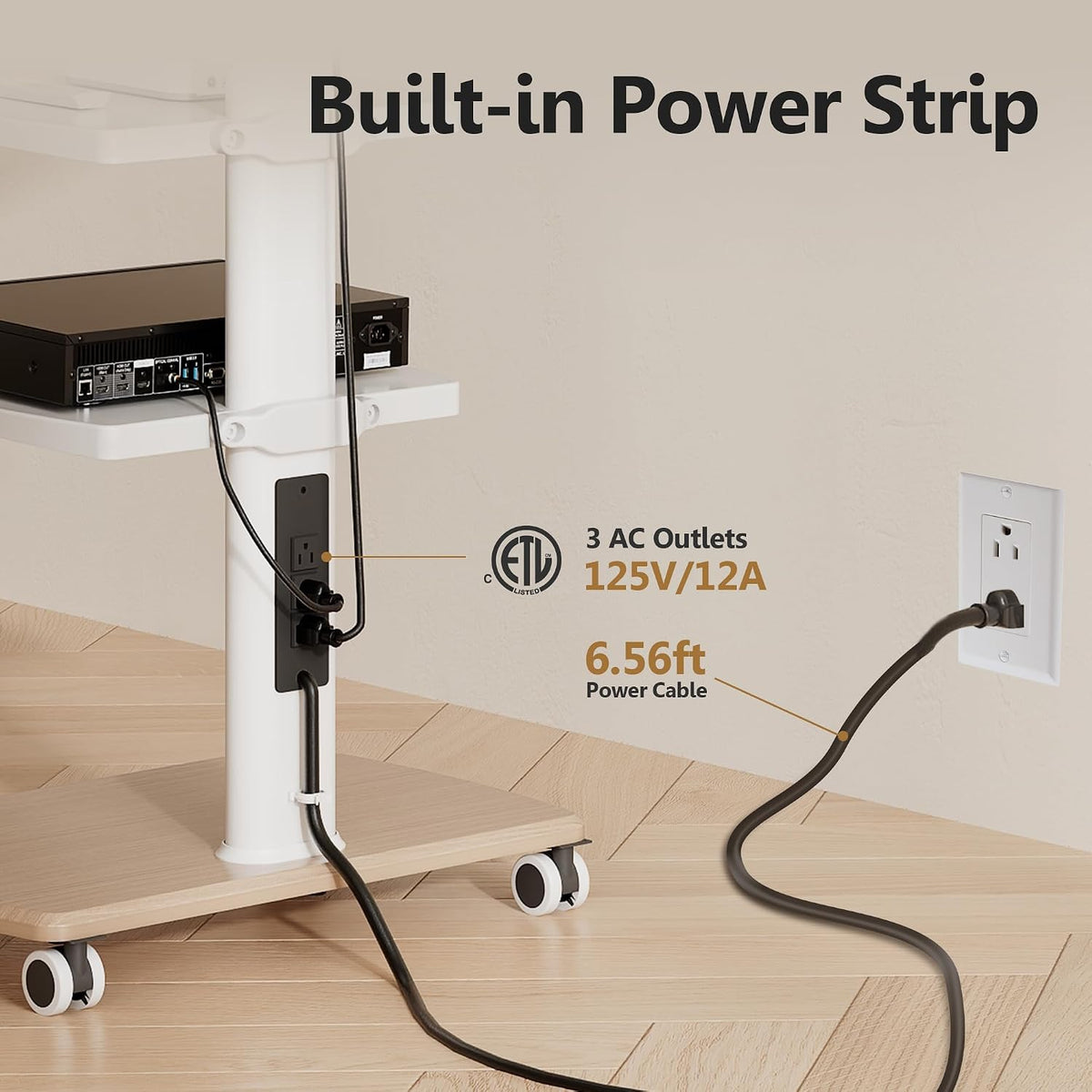 FITUEYES Rolling TV Stand with Power Outlets, for 32-75 InchTVs, White | Swivel Portable TV Stand with Height Adjustable&Wood Base, Mobile TV Cart with 2 Shelves for Bedroom Living Room Home Office