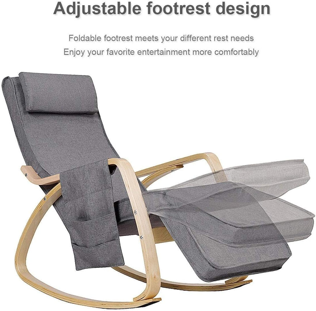 Relax Adjustable Lounge Rocking Chair with Pillow & Pocket Comfortable Armrest Backrest Adjustable Footrest