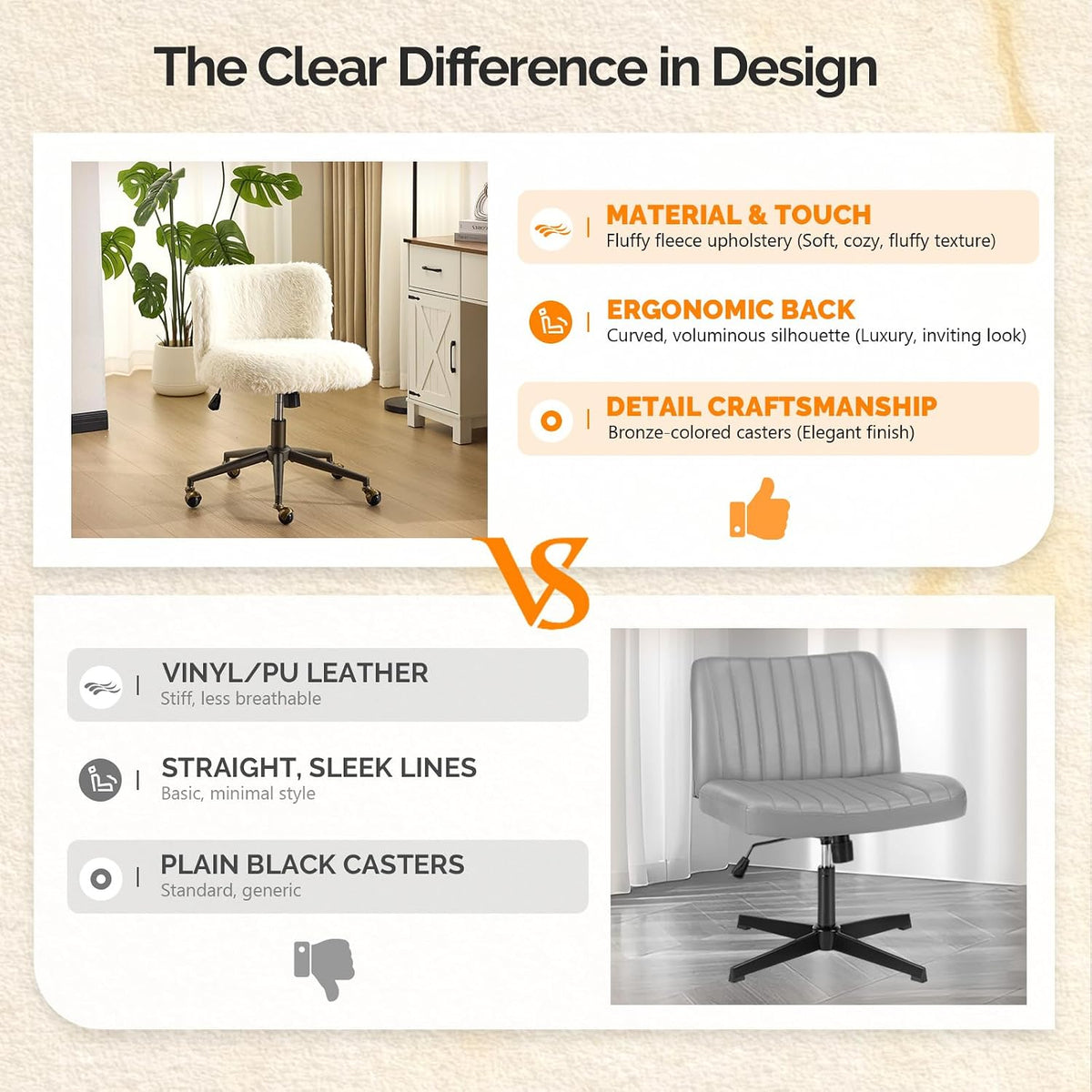 VINGLI Plush Upholstery Vanity Desk Chair with Curved Back & 90-102° Tilt &Adjustable Height, Cute Rolling Chair with Bronze Base & Golden-Bronze 360° Swivel Wheels for Makeup &Home Office,White Cream