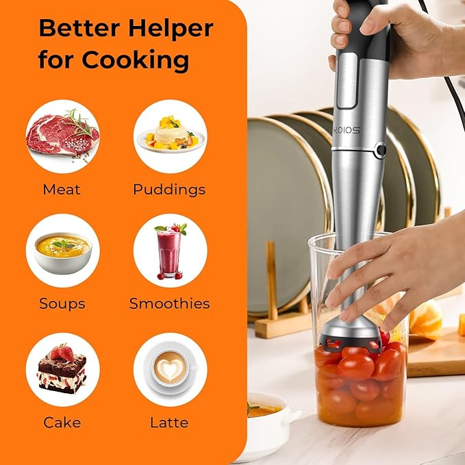 KOIOS Immersion Blender Handheld - Trigger Variable Speed 5-in-1 Immersion Hand Blender 1100W, Anti-Scratch Stainless Steel Shaft, Chopper & Milk Frother, Non-BPA for Soup, Baby Food and Smoothies
