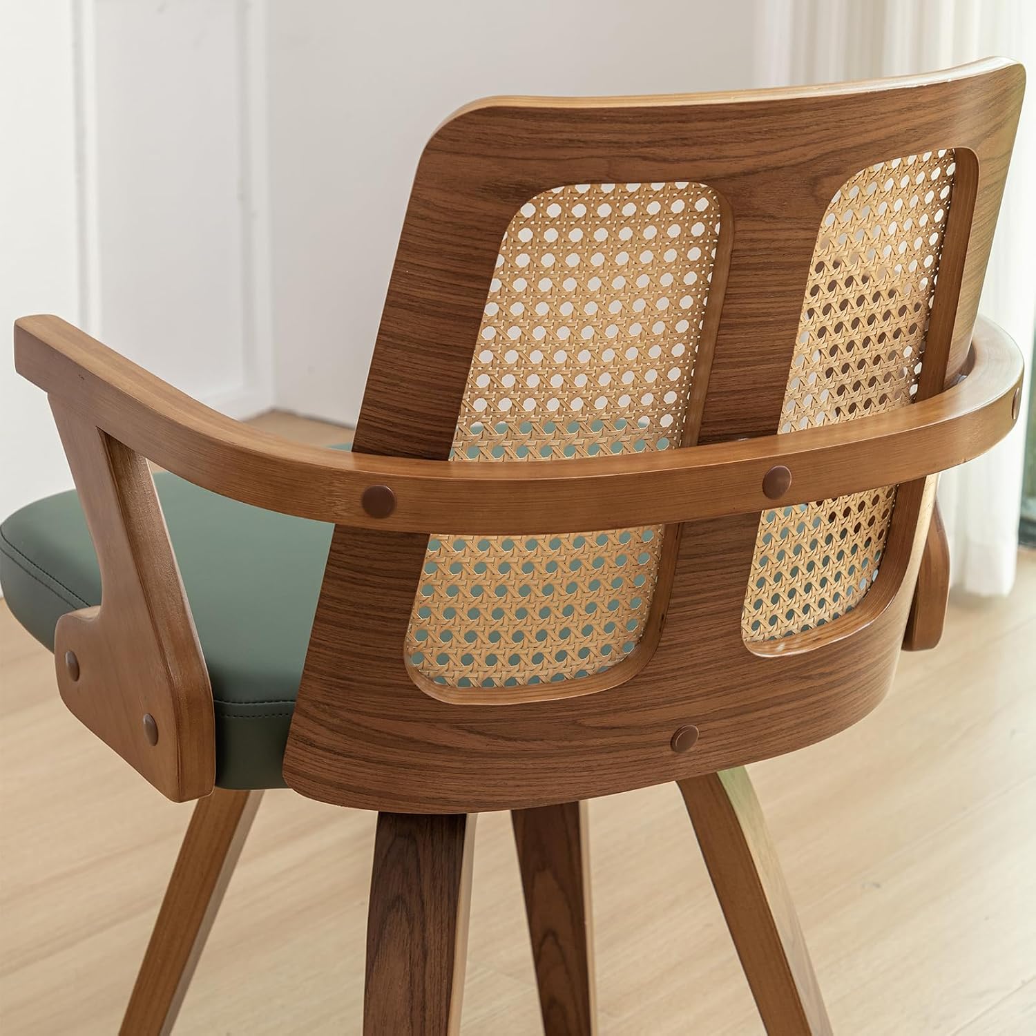 Walnut Dining Chairs - Swivel Rattan Dining Chairs with Bentwood Frame with Ergonomic Cane Back, Curved Arms, MCM Dining Chairs for Kitchen/Restaurant/Living Room/Conference (Walnut Green, Set of 2)