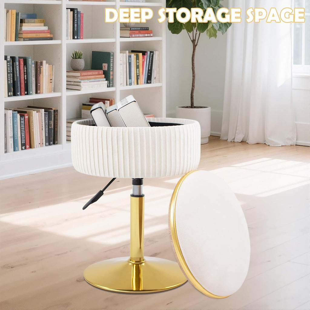 Adjustable Vanity Stool, Velvet Makeup Stool with Storage Beige | Small Vanity Chair, 360° Swivel Round Ottoman with Gold Base for Living Room, Bedroom