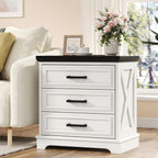 knoworld 24 Inch Wide Farmhouse Nightstands Set of 2 with Charging Station, White Nightstand with 3 Large Drawers, Rustic Wood End Table for Bedroom